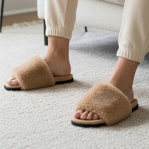 M. Gemi Aurora tan faux fur slip-on slides, women’s size 38.5 EU, US size 8